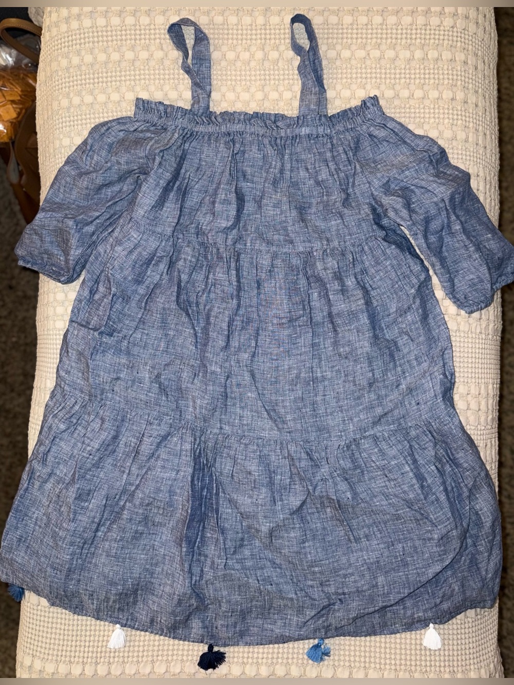 Vineyard Vines Blue Linen Cold Shoulder Tassel Tiered Dress Size Small